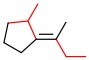 A carbon carbon double bond with red bonds identifying the priority substituents. On the left of the double bond the upper bond is a red bond to a C with two re bonds off it, one to the 5 member C ring and one to a CH3 group. On the right of the double bond the bottom red bond is to a CH2-CH3 group.