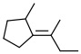 A 5-carbon ring with a line to 1 CH3 group and a 3 carbon chain off the next carbon. The 3 carbon chain has a double bond right off the ring and a single line off the other end of the double bond.