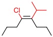 A carbon carbon double bond with red bonds identifying the priority substituents. On the left of the double bond the upper bond is red and goes to a Cl group. On the right side of the double bond the upper bond is red and goes to a CH(CH3)2 group.