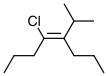 A chain of 8 carbons with a double bond between carbons 4 and 5. There is a single bond to a Cl on carbon 4, and a single line connected to 2 other lines off carbon 5.