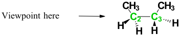 A line structure of butane, CH3-CH2-CH2-CH3, with an arrow pointing to the bond between the second and third carbons to show you the viewpoint needed to start answering the question. Carbon 2 and Carbon 3 are numbered and are green.
