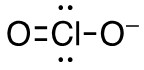 In the centre of the image are the letters "Cl." To the left of the "Cl" are two horizontal lines connected to the letter "O." Both above and below the "Cl" are two pairs of small, filled circles , or dots with each pair containing two dots. To the right of the "Cl" is a line connected to the letter "O". To the right of the letter "O" is a short, horizontal line indicating a negative charge.