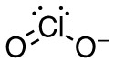 In the centre of the image are the letters "Cl." To the bottom left of the "Cl" are two horizontal lines connected to the letter "O." Above the "Cl" are two pairs of small, filled circles , or dots with each pair containing two dots. To the bottom right of the "Cl" is a line connected to the letter "O". To the right of the letter "O" is a short, horizontal line indicating a negative charge.