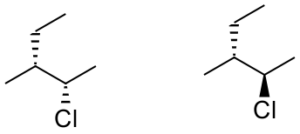 In the image, are two line structures with four carbons. The structure to the right, has a solid filled triangle off carbon 2 connected to the letter "Cl" and off carbon 3 is a diagonal line connected to a striaght line. The structure to the left, has a diagonal line off carbon 2 connected to the letter "Cl" and off carbon 3 is a diagonal line connected to a straight line.