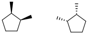 To the right is a five carbon ring structure with a methyl group connected to carbon 1 by a diagonal line and a methyl group connected to carbon 2 by a diagonal line. To the left is a five carbon ring structure with a methyl group connected to carbon 1 by a solid filled triangle and a methyl group connected to carbon 2 by a solid filled triangle.