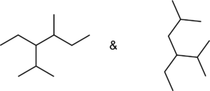 There are two line structure drawings. The left one has a 5 line chain with one line connected to two other branched lines off carbon 3 and one line off carbon 4. The right one shows a 5 line chain with one line off carbon 2 and one line connected to two other branched lines off carbon 4.