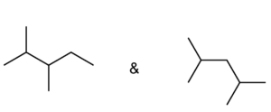 There are two line structure drawings. The left one has a 4 line chain with a single line off carbon 2 and a single line off carbon 3. The right one has a 4 line chain with a single line off carbon 2 and a single line off carbon 4.