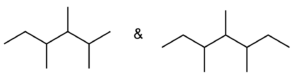 There are two line structure drawings. The left one has 5 connected lines with a single line off carbon 2, a single line off carbon 3, and a single line off carbon 4. The right one has 6 connected lines with a single line off carbon 3, a single line off carbon 4, and a single line off carbon 5.