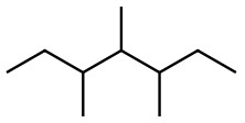 A line structure drawing that has 6 connected lines with a single line off carbon 3, a single line off carbon 4, and a single line off carbon 5.