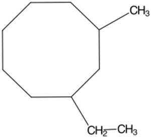 An 8 carbon ring with an ethyl group off carbon 1 and a methyl group off carbon 2