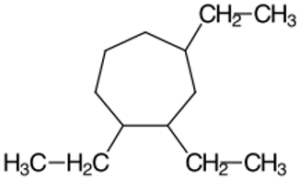 A seven carbon ring with an ethyl group off each of carbon 1, 2 and 4