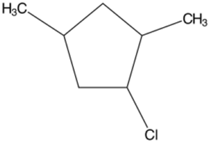 A five carbon ring with a Chlorine off carbon 1 and a methyl group off each of carbon 2 and 4