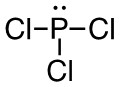 In the centre of the image is the letter "P." Above the "P" are two small, filled circles or dots. To the left, right, and below the "P" are the letters "Cl" and each "Cl" is connected by a line.