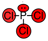 In the centre of the image is the letter P indicating a phosphorus atom. Above the P are two small, filled circles, or dots which are circled and highlighted in red. Three lines branch off of the letter P with one to the right, one to the left and one to the bottom. Each of the three lines are connected to the letters "Cl" indicating a chlorine atom. Each "Cl" is circled and highlighted in red.