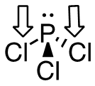 The letter "P" is centred in the Image. Above the letter "P" is two small, filled circles, or dots. One downwards arrow is to the left of the letter "P" and another downwards arrow is to the right of the letter "P." To the left of the letter "P" and below the arrow are the letters "Cl" connected by a line. To the bottom of the letter "P" are the letters "Cl" the two atoms are connected by a solid black, filled triangle. To the right of the letter "P" and below the arrow are the letters "Cl" connected by two diagonal lines.