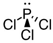 In the centre of the image is the letter "P." Above the "P" are two small, filled circles or dots. To the bottom left, bottom right, and below the "P" are the letters "Cl." The bottom left Cl is connected to the "P" by a line, the bottom "Cl" is connected to the "P" by a solid, filled triangle and the bottom right "Cl" is connected to the "P" by two diagonal lines.