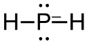 In the centre of the image is the letter "P". To the right and left of "P" is a line connected to the letter "H". Directly above and below the letter "P" are two filled dots, and beside "P" is a short, horizontal line indicating a negative charge.