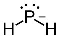 In the centre of the image is the letter "P". To the bottom right and left of "P" are the letters "H" and each "H" is connected to "P" by a line. Above "P" are two pairs of filled dots with each pair containing two filled dots. Beside letter "P" is a short horizontal line representing a negative charge.