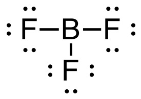 Phosphorus is the central atom connected by a line representing a single bond to each of the 3 fluorines. In the centre of the image is the letter "B". To the right, left, and directly below "B" is a line connected to the letters "F". Each letter "F" is surrounded by three pairs of filled dots representing lone pairs. One pair is to the left, one is to the right, one is at the bottom. Each fluorine has 3 lone pairs. The phosphorus has 1 lone pair.