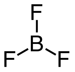 Boron is the central atom, connected by a line representing a single bond to each of the 3 flourines. The bonds to the flourines are an equal distance apart around the boron.