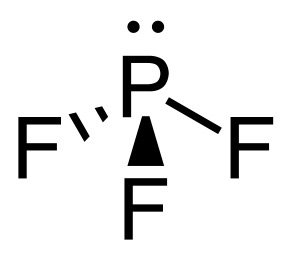 Phosphorus is the central atom, with 1 lone pair in the plane of the screen page. It is connected to 3 flourines. One fluorine bond is in the plane of the screen, 1 bond has a wedge that represents it coming out of the screen towards you, and 1 bond is a dashed line that represents it going into the screen away from you. This image indicates tetrahedral geometry.