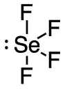 In the centre of the image are the letters "Se". Four lines branches from the central "Se" atom. At the end of each line is the letter "F". To the left of the "Se" letters are two filled dots.